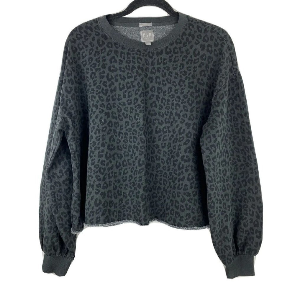 Gap Womens Cropped Sweatshirt Size S Leopard Gray Black Raw Hem Cropped